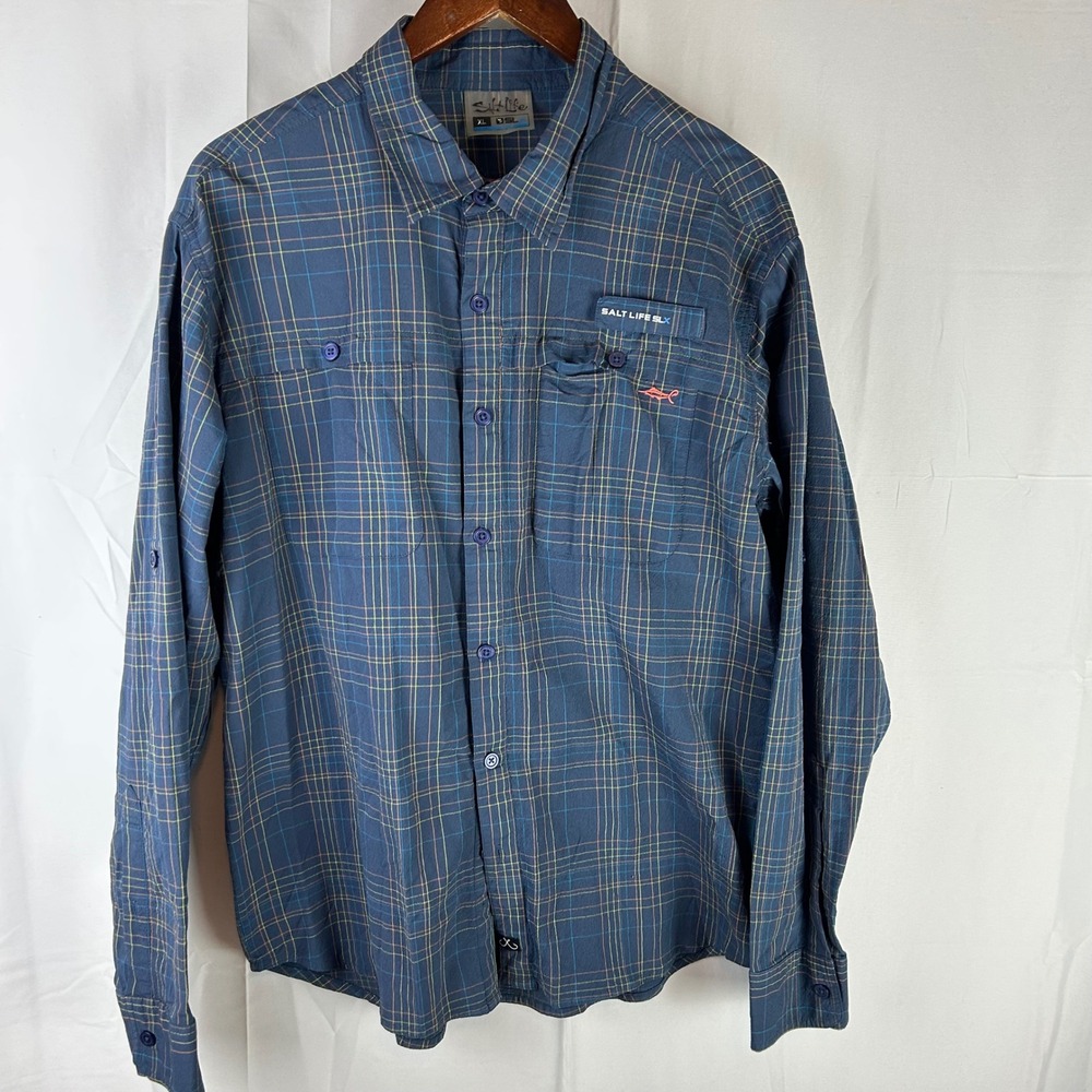 Salt Life SLX Fishing Shirt Mens XL Navy Blue‎ Plaid Vented Long Sleeve SLM30294